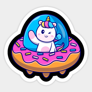 Cute Unicorn Flight With Donut UFO Cartoon Sticker